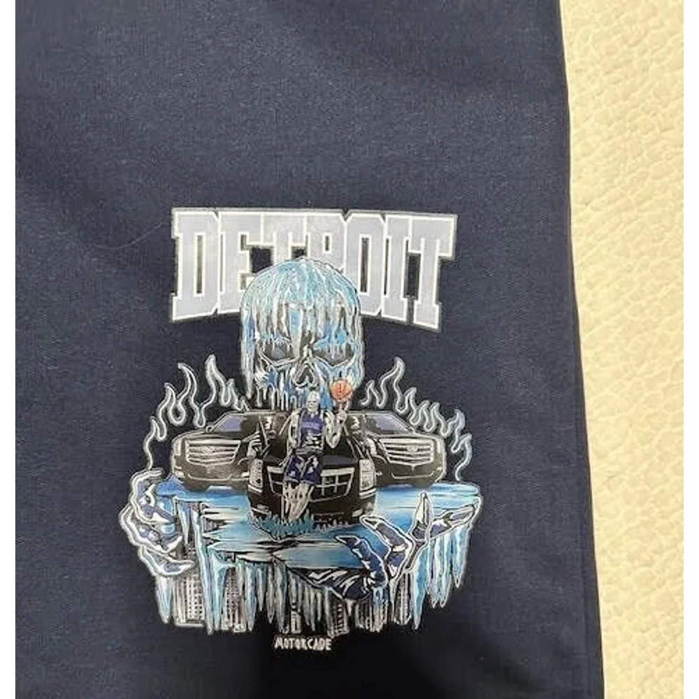 Detroit Motorcade Pistons Mens L Navy Basketball Graphic Athletic Shorts